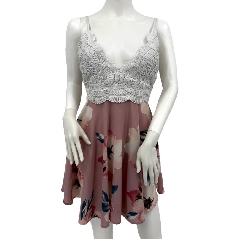 HAUTE MONDE Small Floral Lace Crochet Cami Mini Dress Pink White Babydoll Summer